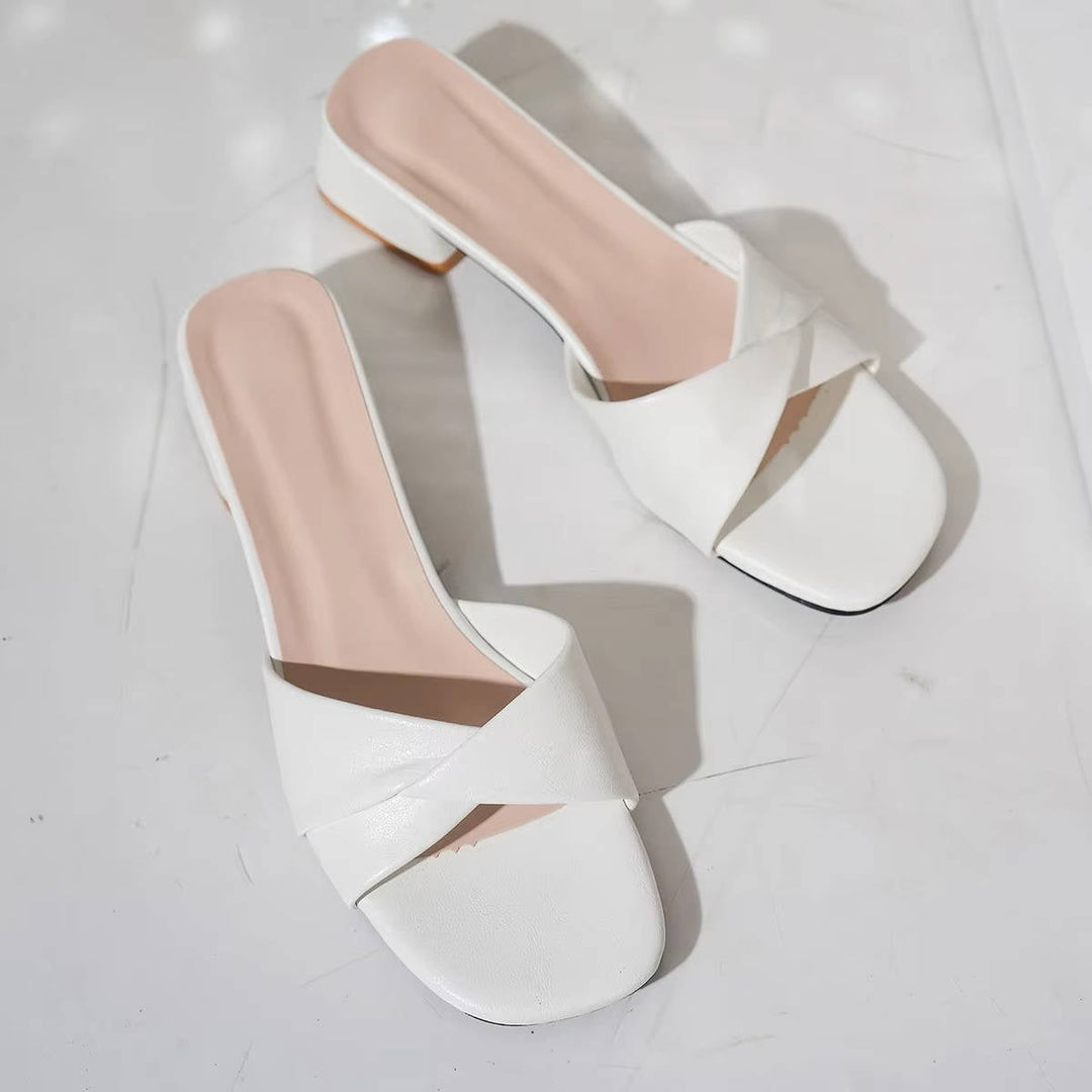 Mules-sandales pour femmes en cuir à talon bloc bas, à enfiler