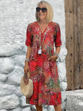 Cotton Knee-Length Dress Summer Elegant Floral Pattern V-Neck Shift Sun Dress