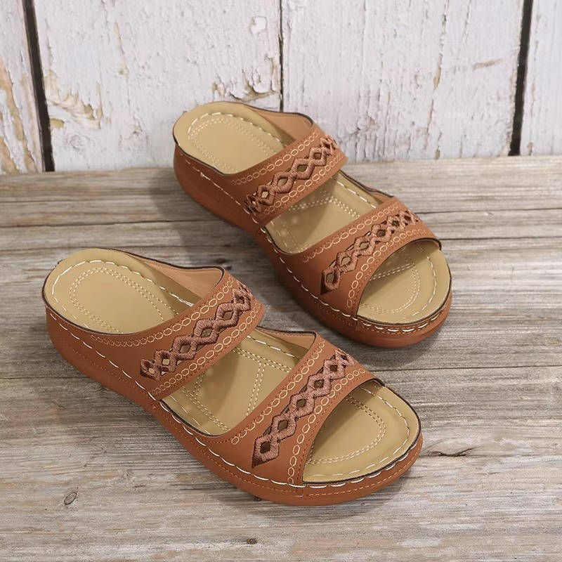 Women's Leather Wedge Slide Sandals