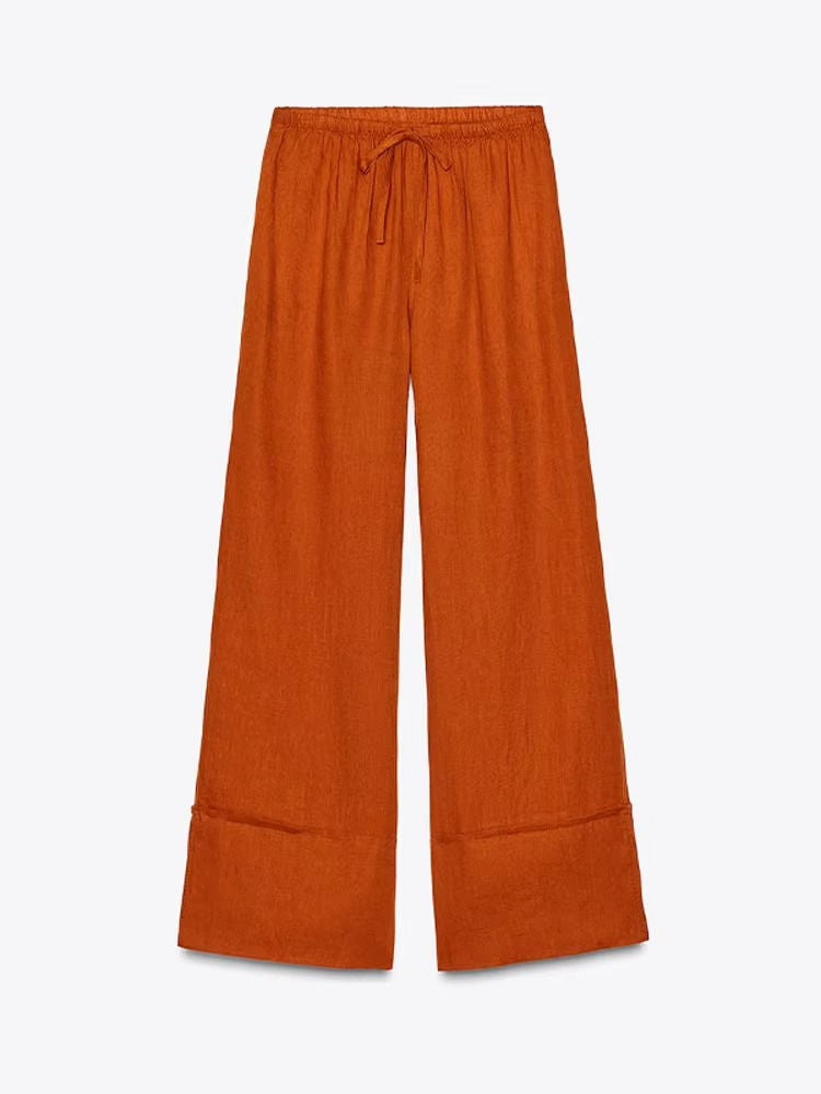 Ensemble deux pièces pour femme composé d’une chemise en lin à manches longues et d’un pantalon