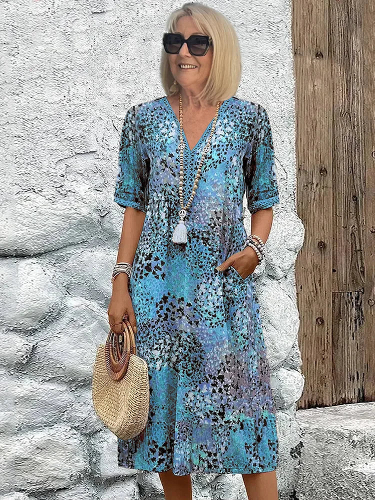 Women’s Printed Linen V-Neck Midi Dress
