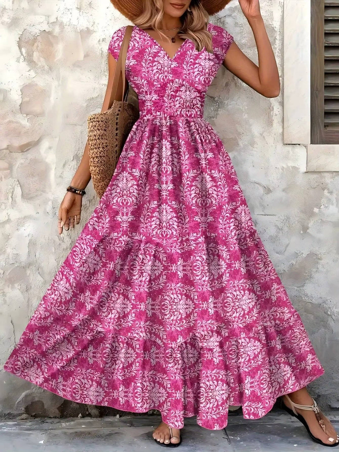 Robe longue imprimée pour femme en rayonne, à manches courtes, col en V, smockée et à volants étagés