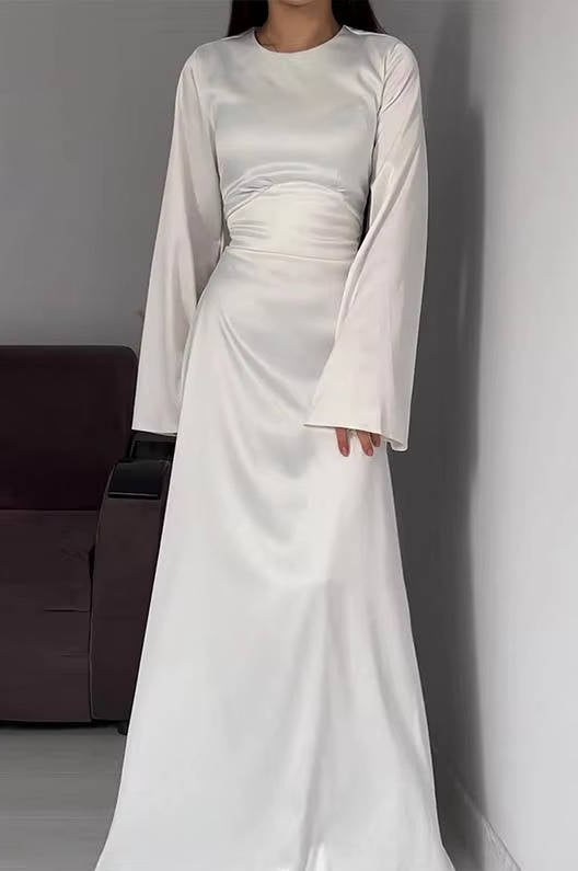 Women's Long Sleeve Satin Maxi Formal Evening Gown Dress