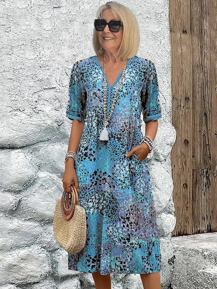 Cotton Knee-Length Dress Summer Elegant Floral Pattern V-Neck Shift Sun Dress