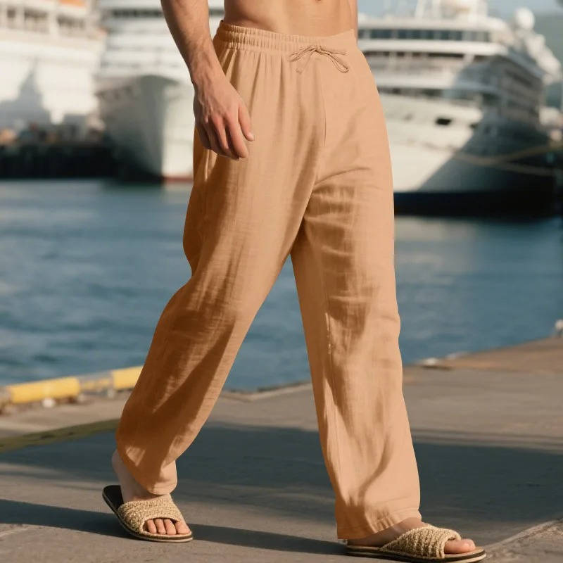 Men's Drawstring Loose Fit Casual Beach Trousers Linen Pants