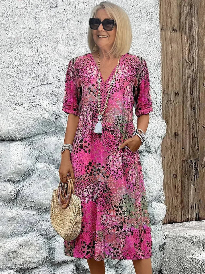 Women’s Printed Linen V-Neck Midi Dress