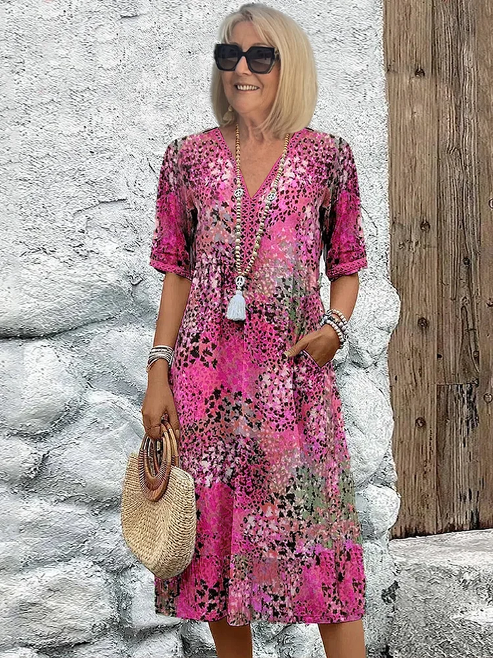 Cotton Knee-Length Dress Summer Elegant Floral Pattern V-Neck Shift Sun Dress