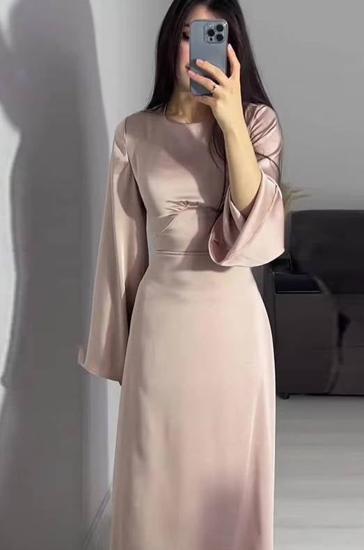 Women's Long Sleeve Satin Maxi Formal Evening Gown Dress