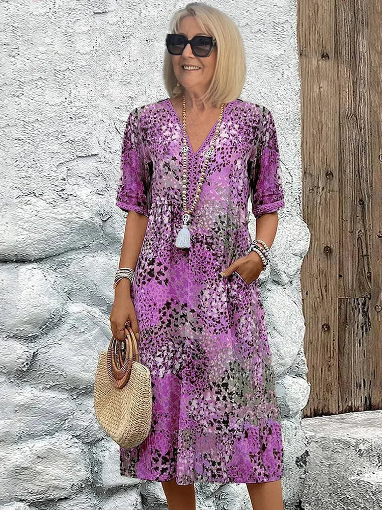 Women’s Printed Linen V-Neck Midi Dress