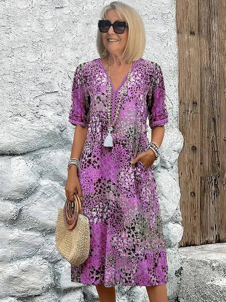 Women’s Printed Linen V-Neck Midi Dress