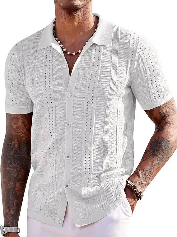 Men's Knit Short Sleeve Polo Shirt Textured Collared Button Up