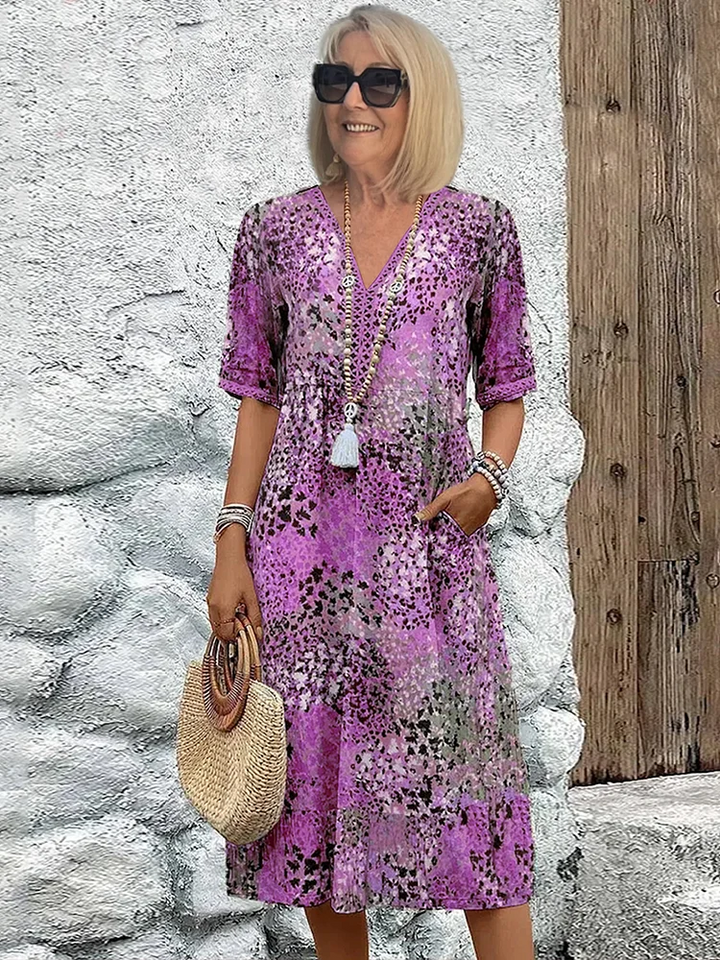 Cotton Knee-Length Dress Summer Elegant Floral Pattern V-Neck Shift Sun Dress