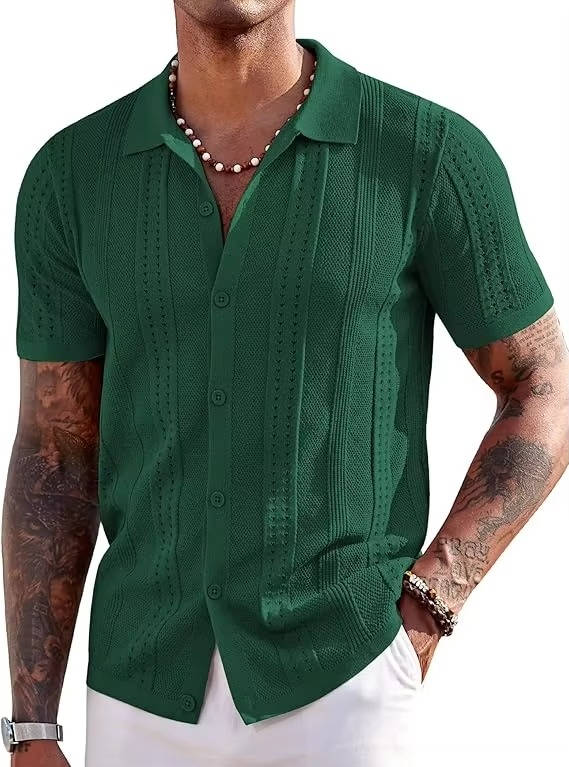 Men's Knit Short Sleeve Polo Shirt Textured Collared Button Up