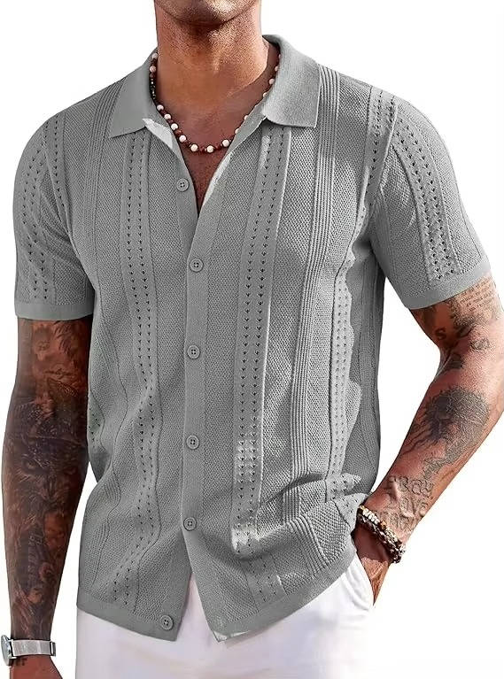 Men's Knit Short Sleeve Polo Shirt Textured Collared Button Up