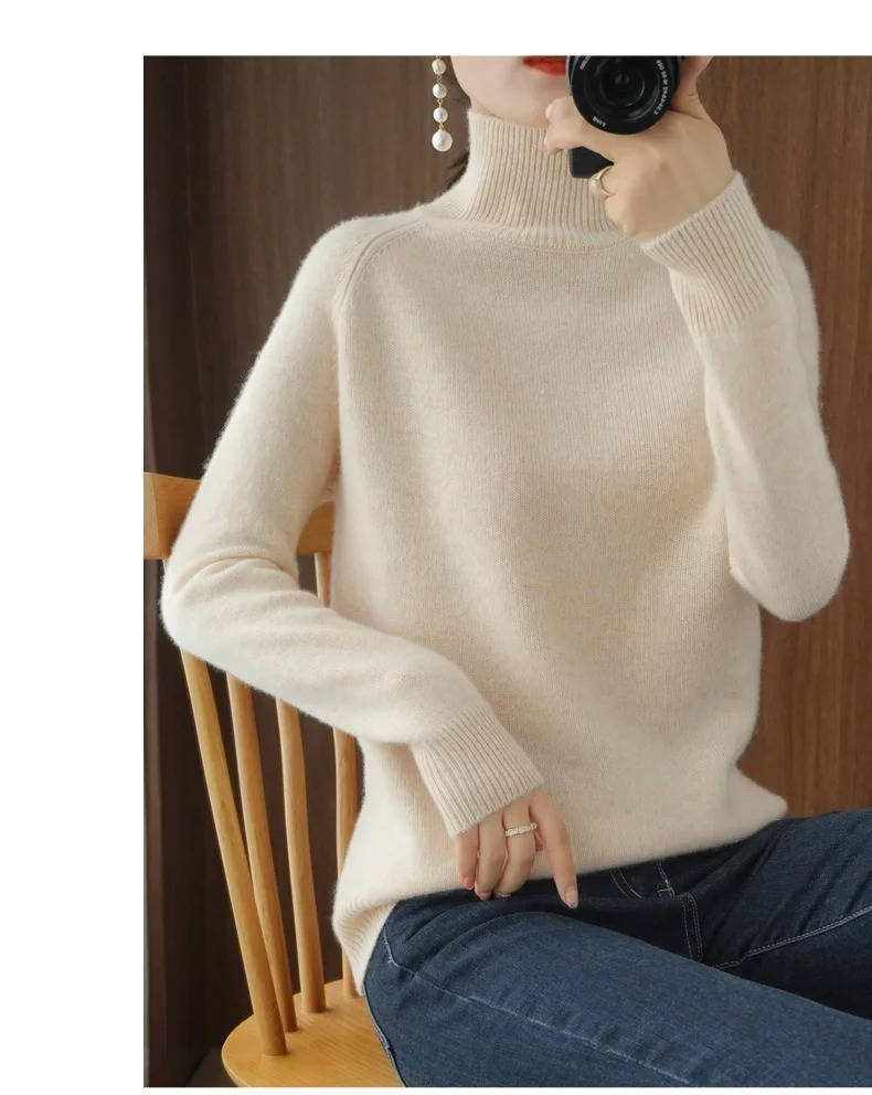 Women's Merino Wool Turtleneck Sweater Pullover Knit Top