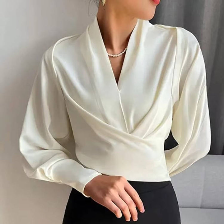 Blouse femme en satin, cache-cœur, col en V et manches longues
