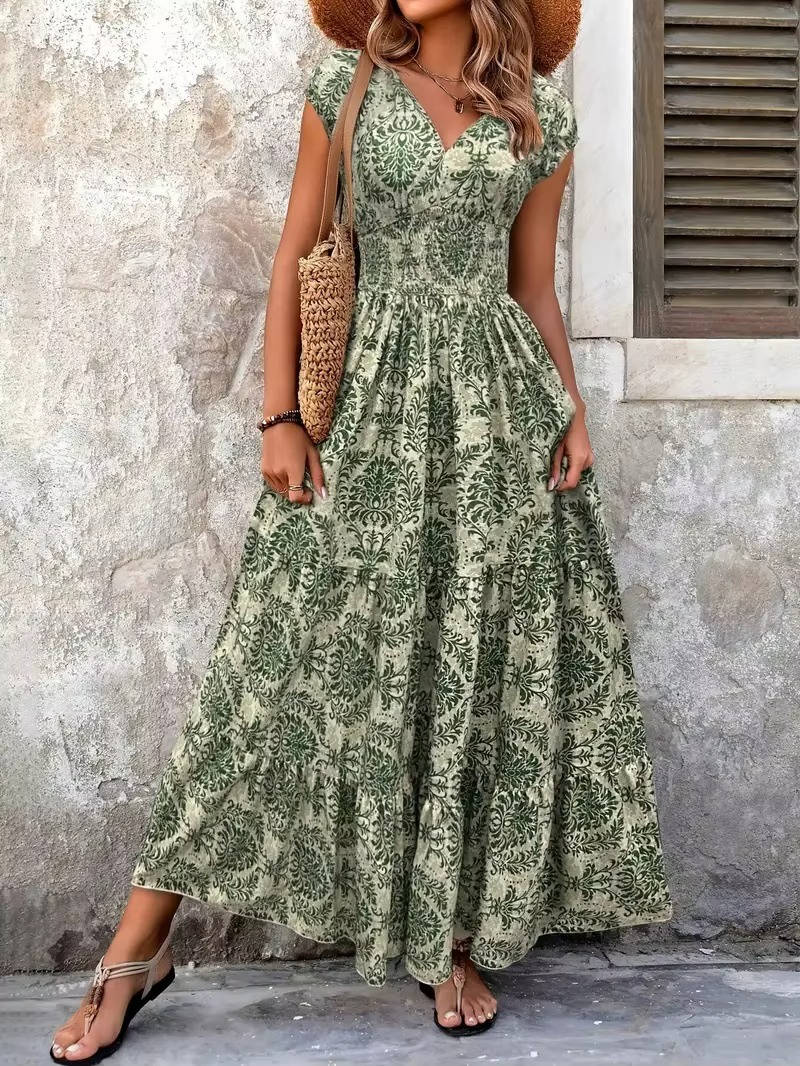 Robe longue imprimée pour femme en rayonne, à manches courtes, col en V, smockée et à volants étagés