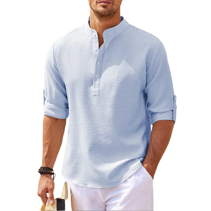 Men's Linen Henley Shirt Long Sleeve Casual Lightweight Pullover Top
