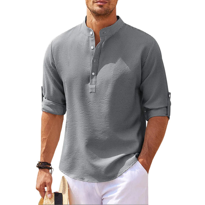 Men's Linen Henley Shirt Long Sleeve Casual Lightweight Pullover Top