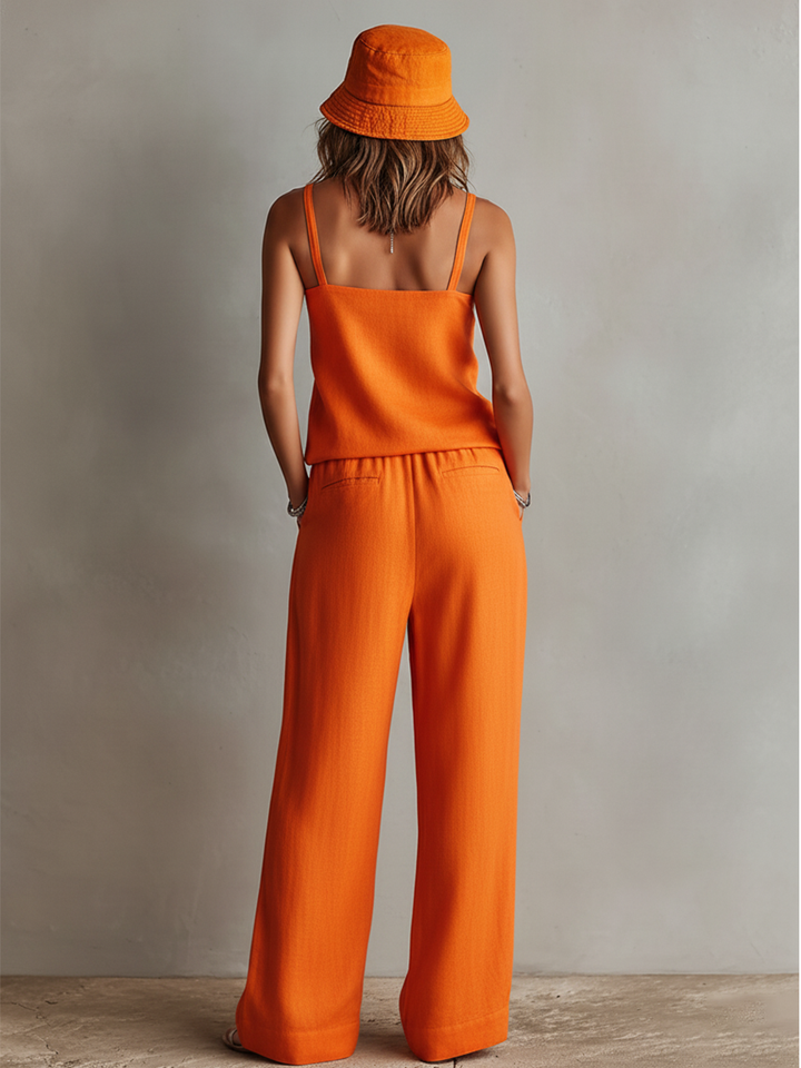 Women's Linen Blend Wide Leg Lounge Set Two Piece Outfit