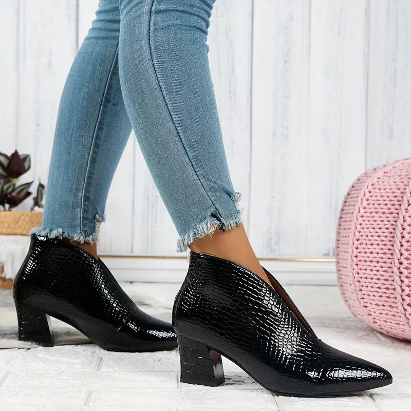 Women's Leather Pointed Toe V Cut Chunky Heel Ankle Boots