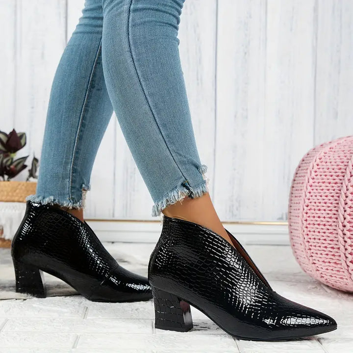 Women's Leather Pointed Toe V Cut Chunky Heel Ankle Boots