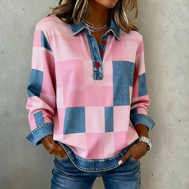 Women's Fleece Checkered Polo Sweatshirt Long Sleeve Top