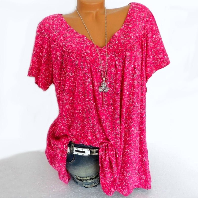 Women’s Linen Printed V-Neck Short-Sleeve Blouse
