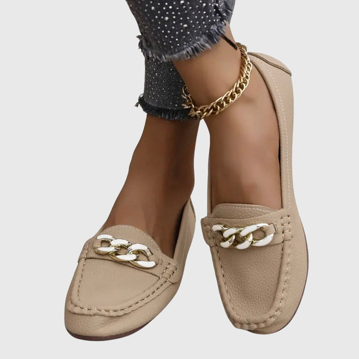 Women's Leather Loafers Chain Flat Shoes Moccasins Slips On