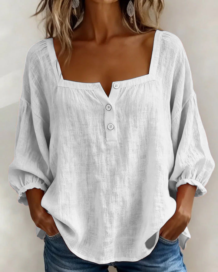 Women's Linen Blouse Square Neck Long Sleeve Casual Top Shirt
