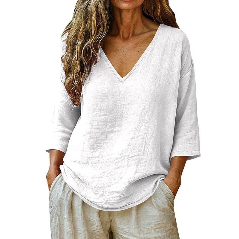 Women's V-Neck Linen Blouse Long Sleeve Top