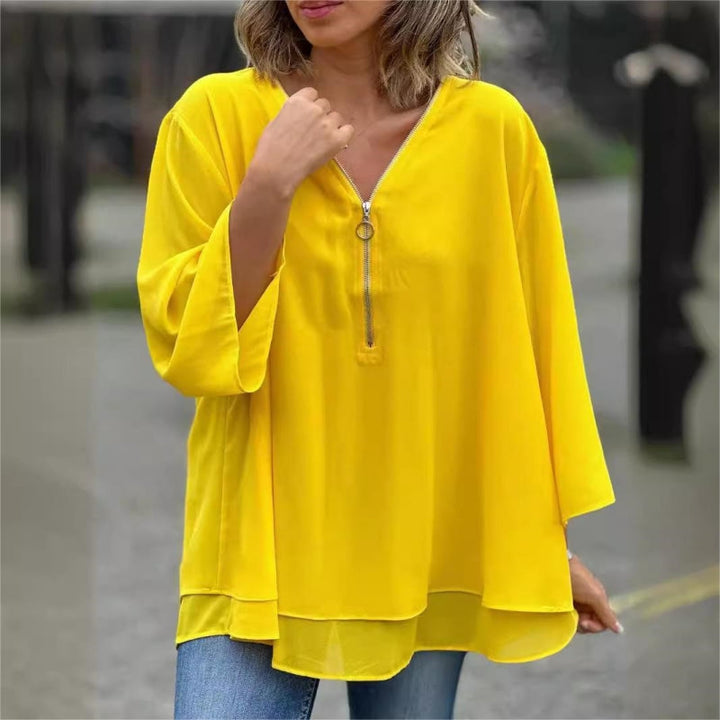 Women's Chiffon V Neck Layered Tunic Blouse Loose Fit Top