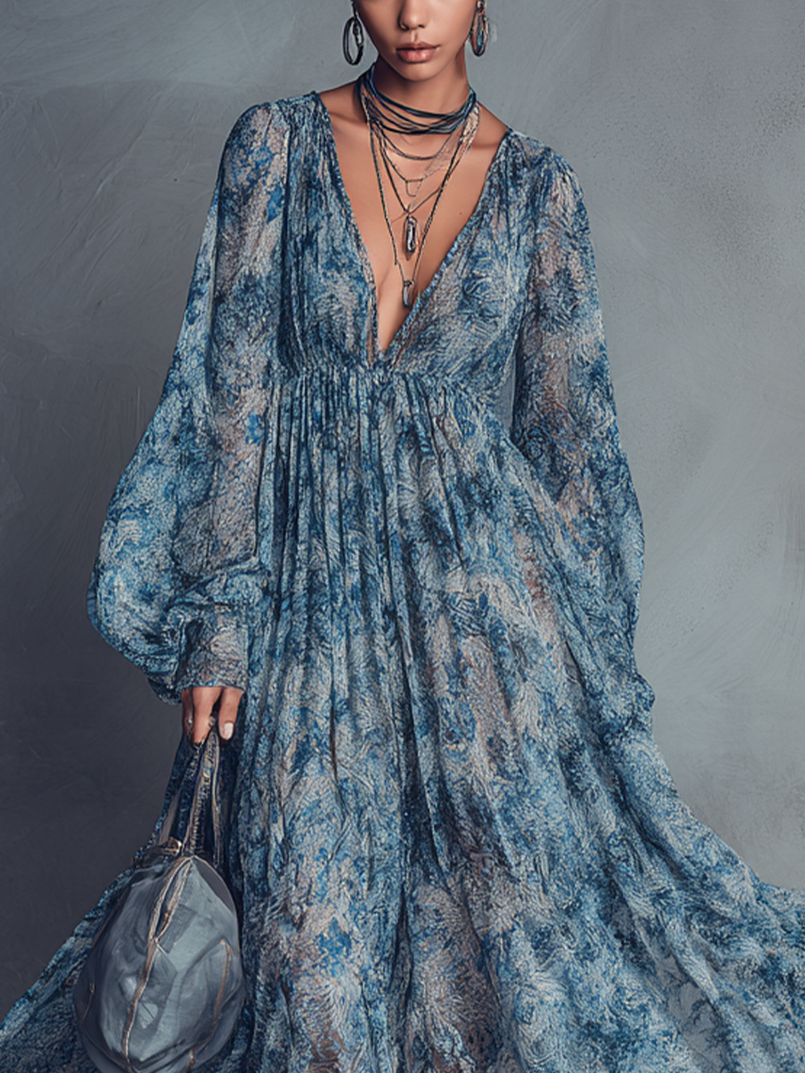 Women's Chiffon Boho Floral V-Neck Long Sleeve Maxi Dress