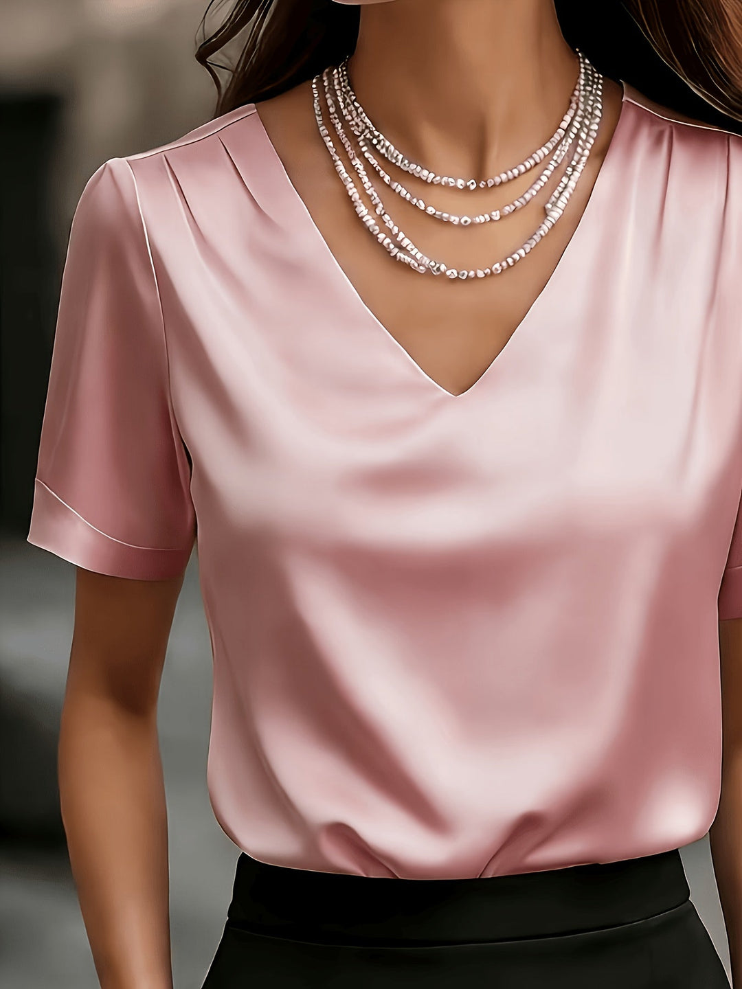 Women's Satin Blouse V Neck Short Sleeve Top Elegant Shirt