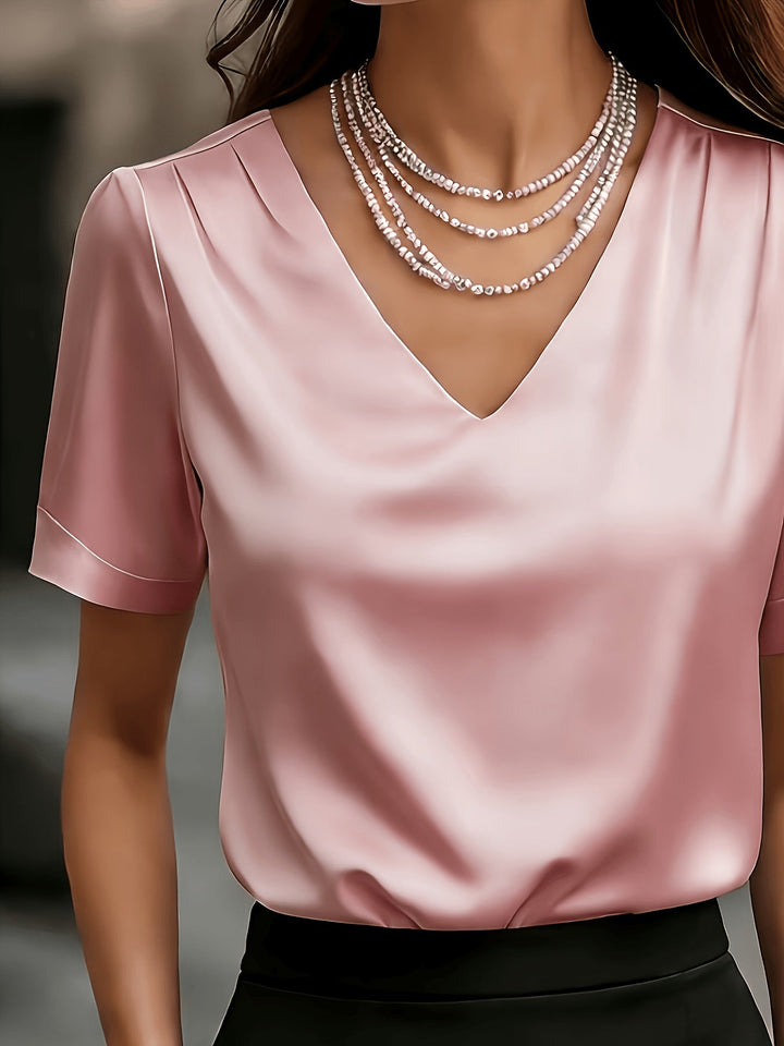 Women's Satin Blouse V Neck Short Sleeve Top Elegant Shirt