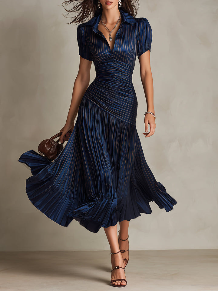 Women's Satin V-Neck Pleated Midi Dress