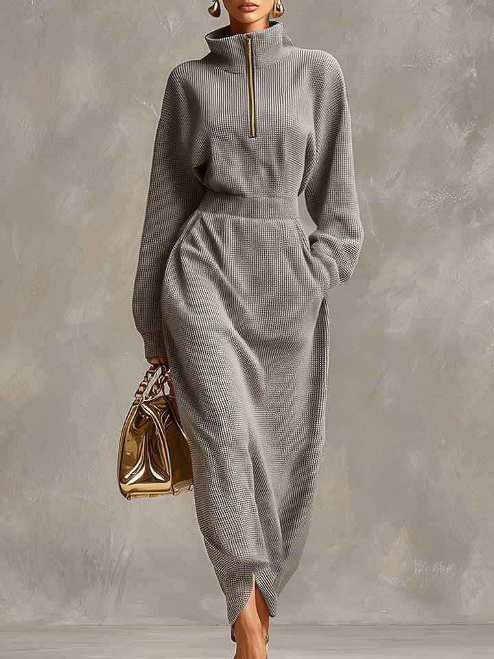Women's Knit Sweater Half Zip High Neck Maxi Dress