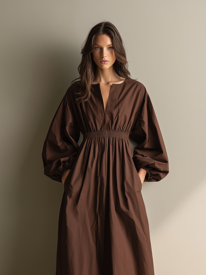 Women's Linen V-Neck Balloon Sleeve Maxi Dress