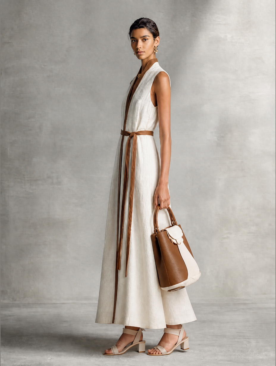 Women's Linen Sleeveless Plunge V-Neck Belted Maxi Dress