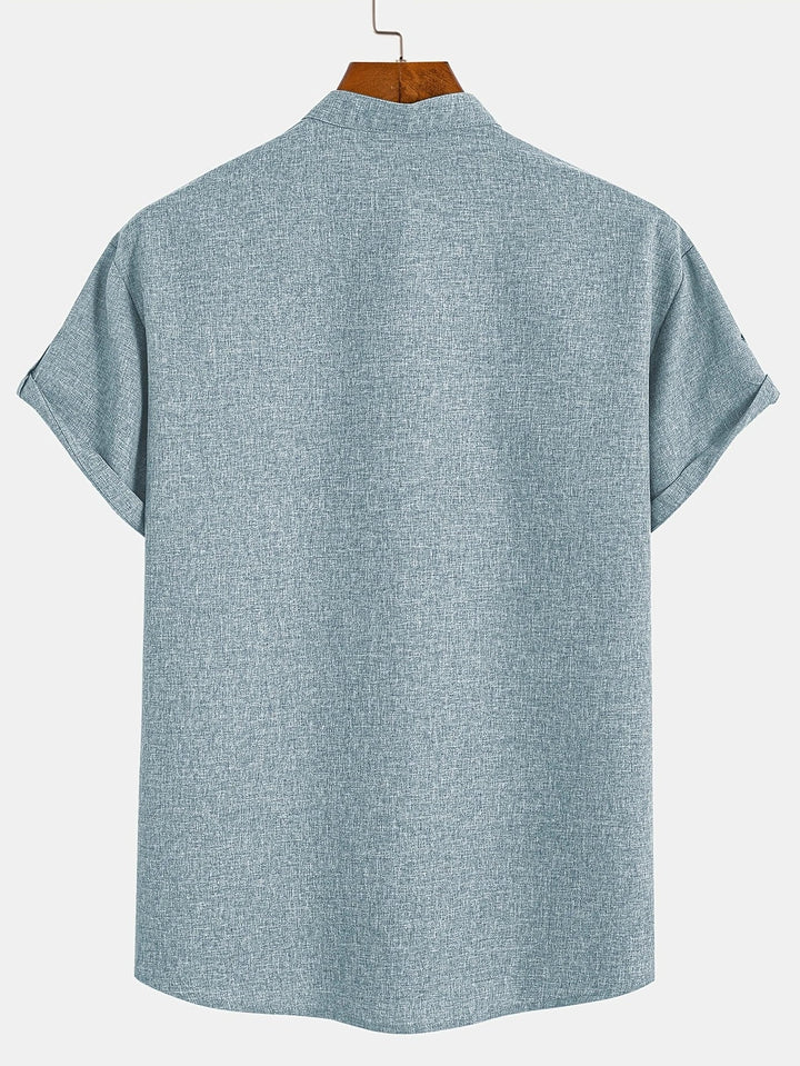 Men Henley Linen Shirt Casual Short Sleeve Cross Graphic Tee
