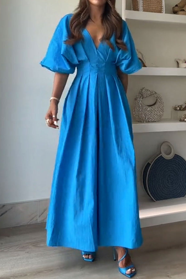 Women's Linen Maxi Dress V-Neck Flare Sleeve Casual Dress