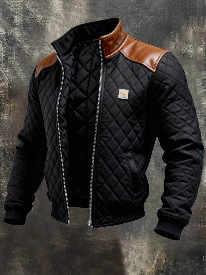 Men's Quilted Jacket Fleece Leather Bomber Coat