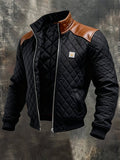 Men's Quilted Jacket Fleece Leather Bomber Coat