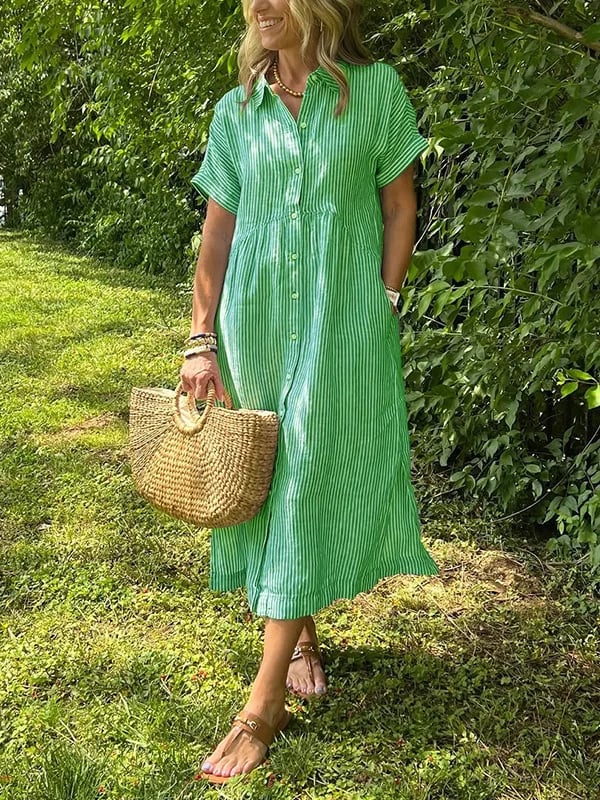Linen Maxi Dress Women's Short Sleeve V-Neck Loose Fit Casual Shirt Dress