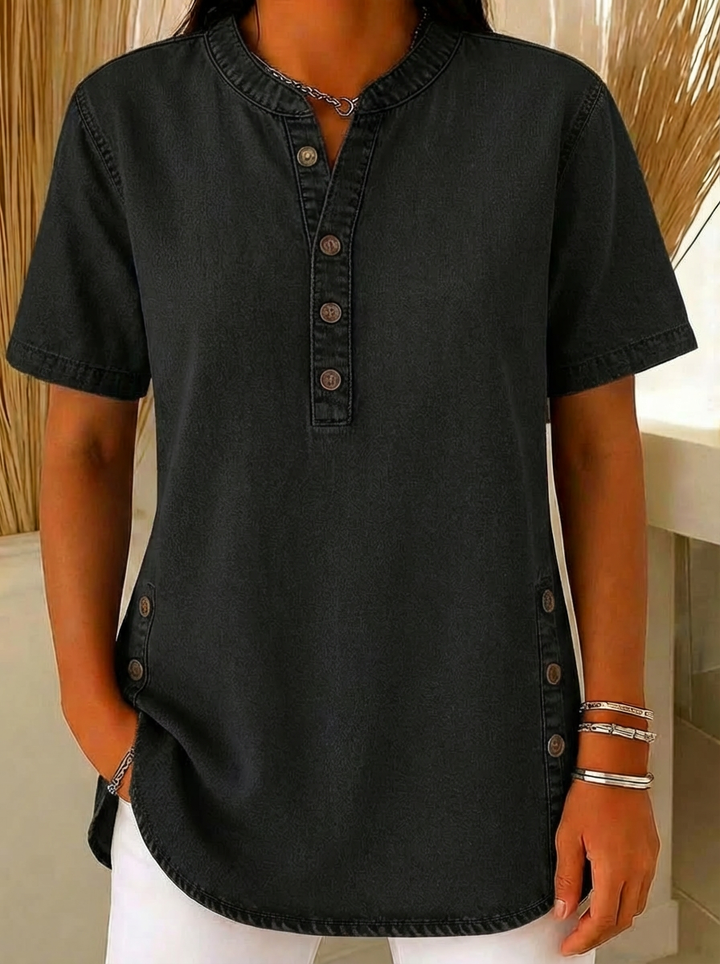 Women's Denim Short Sleeve Henley Shirt Tunic Top
