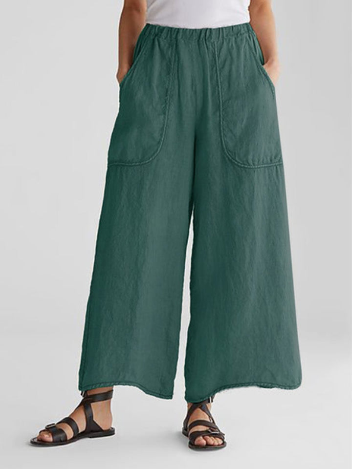 Women's Wide Leg Linen Trousers Loose Fit Lightweight Elastic Waist Pants