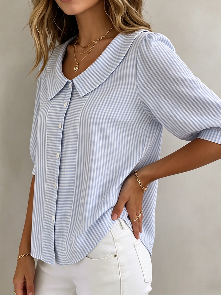 Women's Striped Blouse Linen Top Short Sleeve Casual Shirt