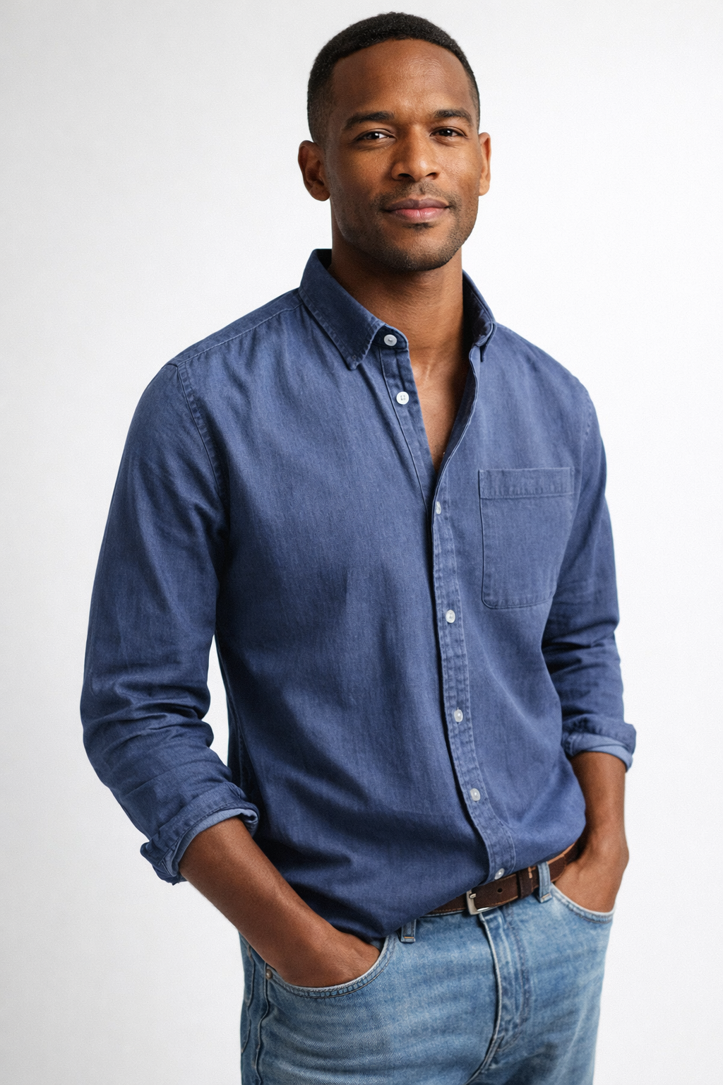 Men's Lightweight Denim Shirt Long Sleeve Button Down Work Top