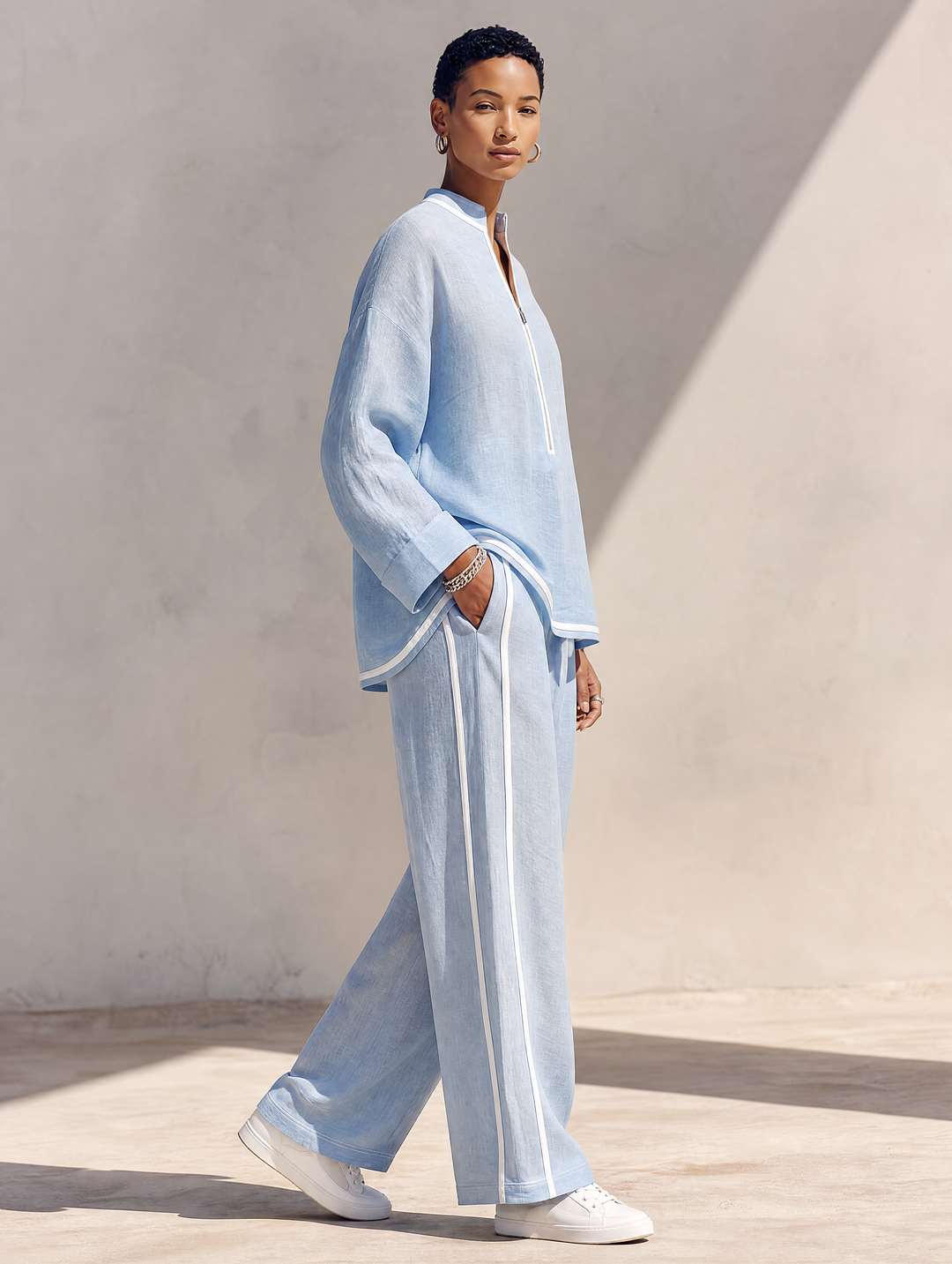 Women Linen Two Piece Set Long Sleeve Top and Wide Leg Trousers