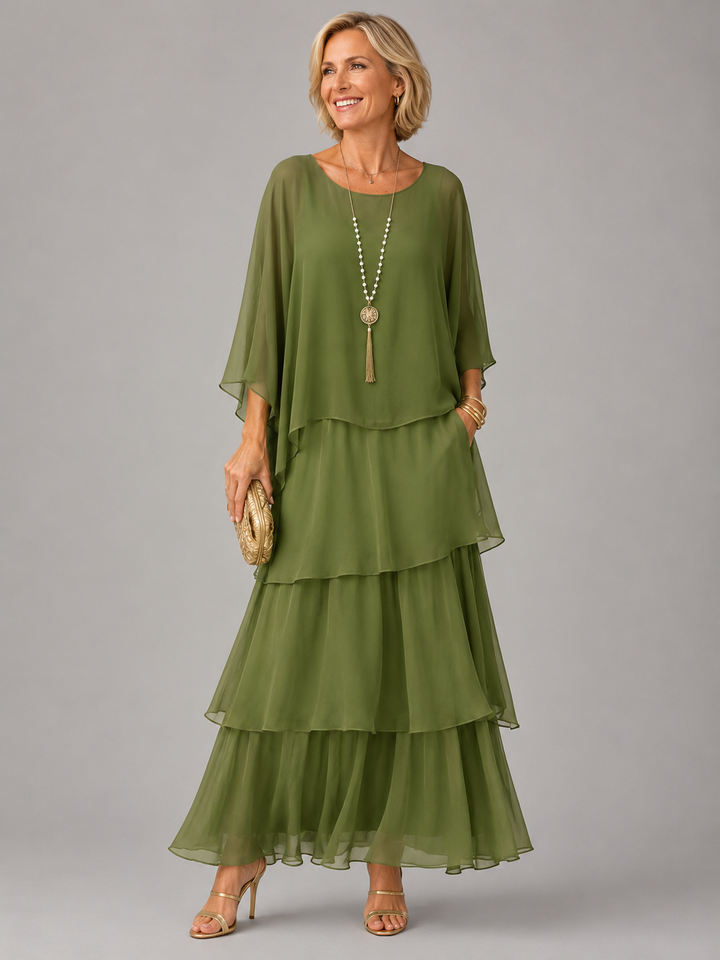 Women's Chiffon Tiered Maxi Dress Batwing Sleeve Cape Gown